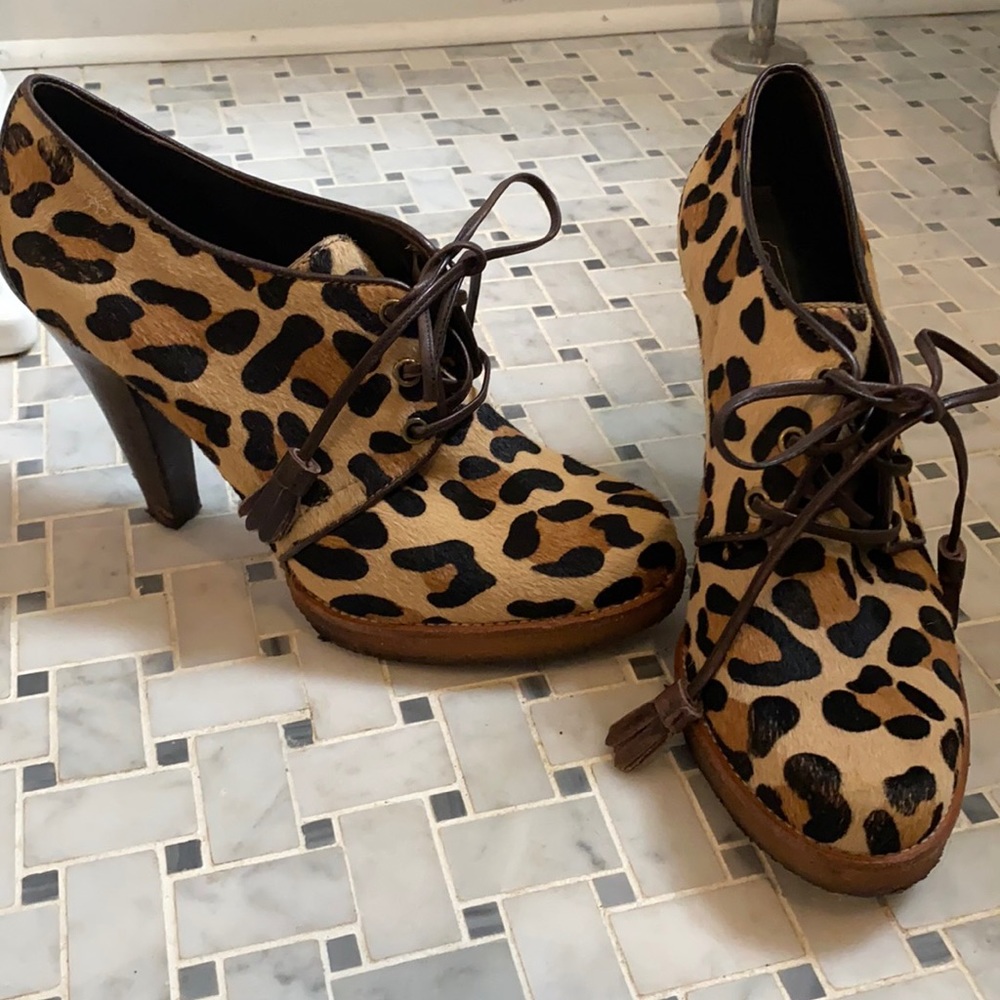 Calf hair leopard print coach booties